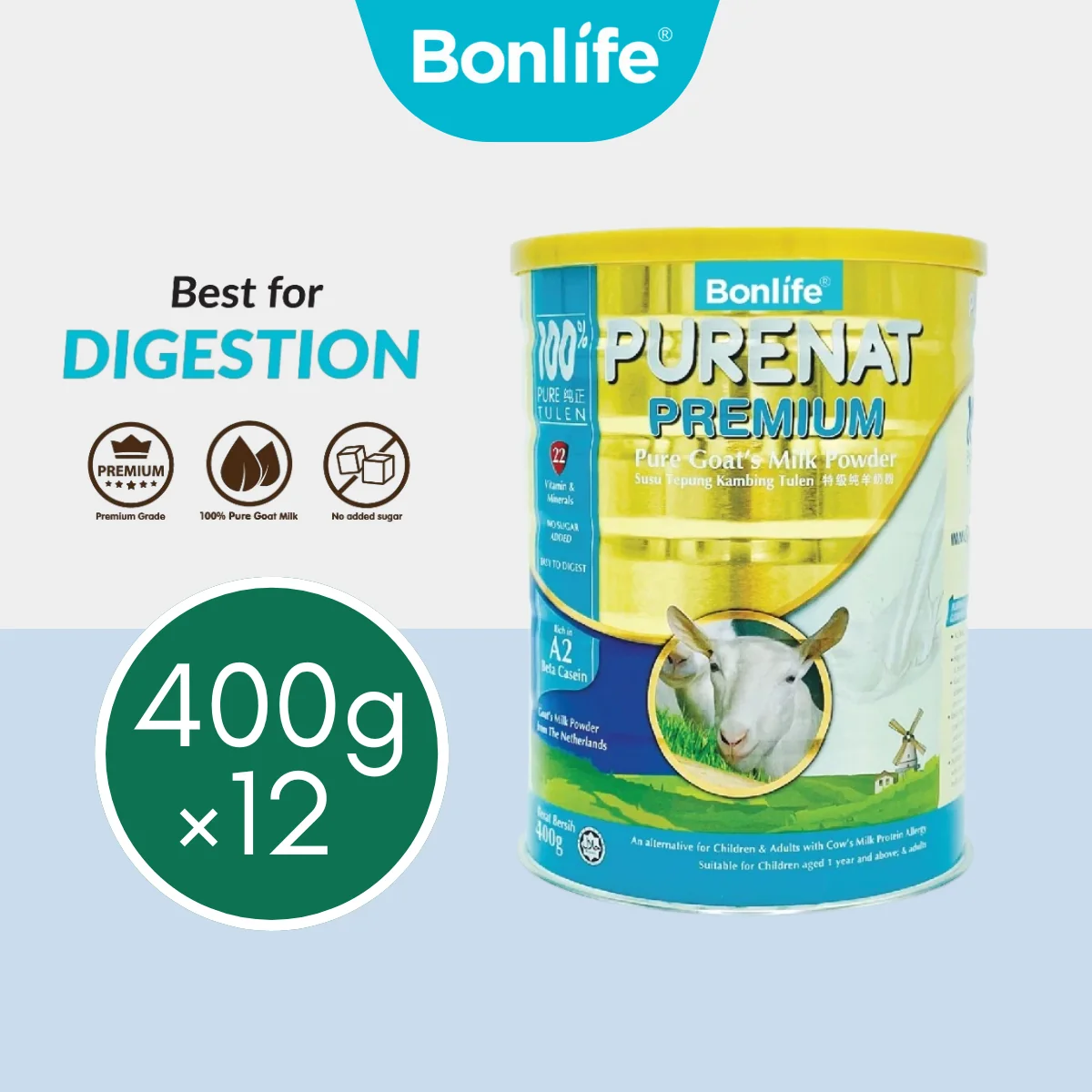 BONLIFE Purenat Premium Goat Milk Powder 400g x 12