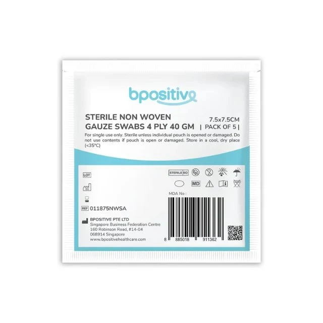 BPOSITIVE STERILE NON WOVEN GAUZE SWABS 7.5CMX7.5CM 4PLY 5S
