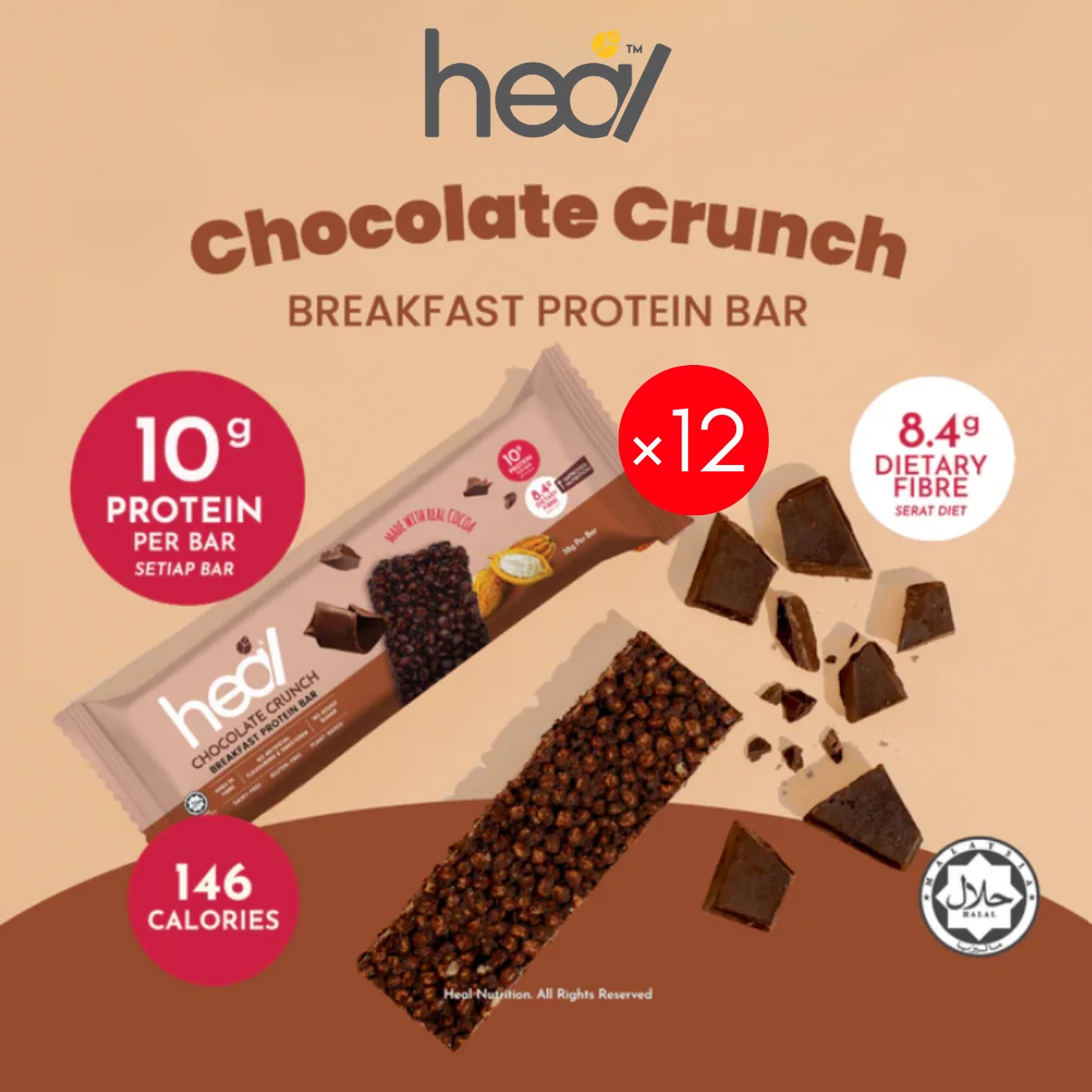 HEAL CHOCOLATE CRUNCH PROTEIN BAR 38G x 12