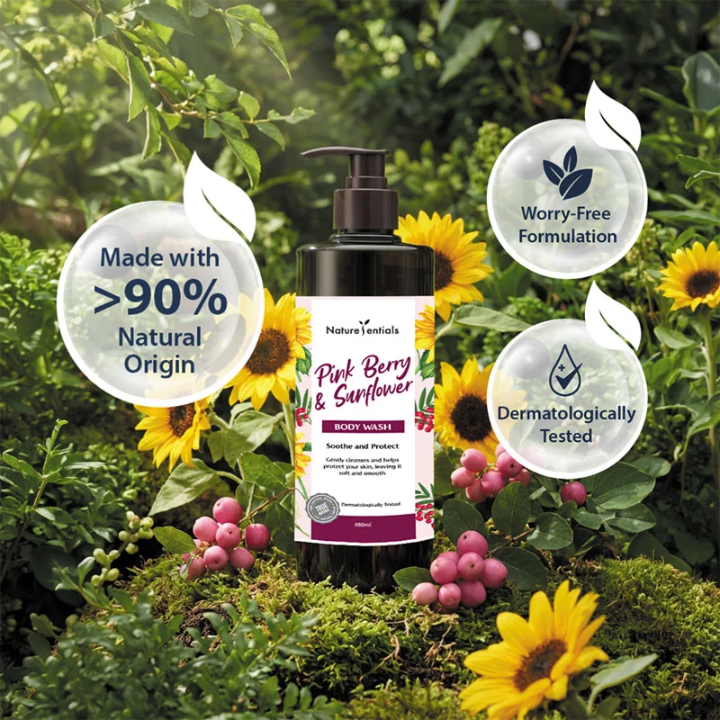 NATURESENTIALS BODY WASH PINK BERRY & SUNFLOWER 480ML - Image 2