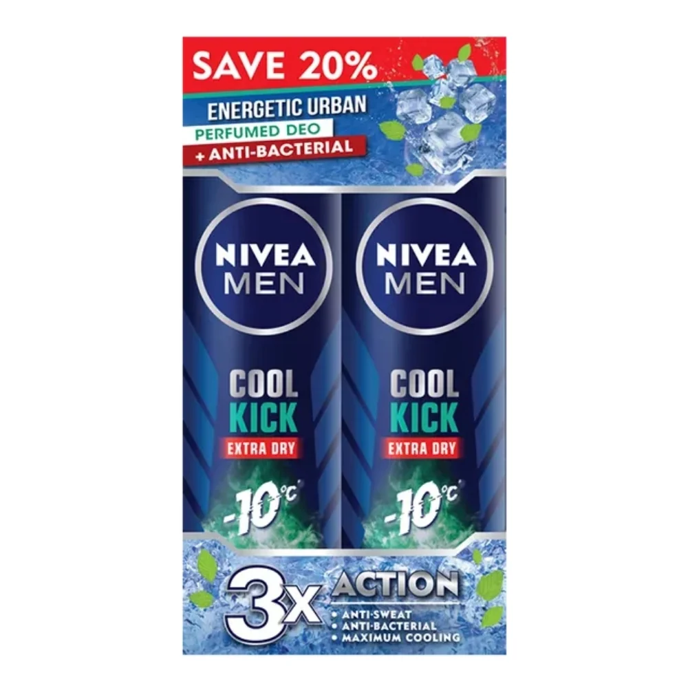 NIVEA FOR MEN DEODORANT COOL KICK EXTRA DRY ENERGY FRESH SPRAY 150ML 2S