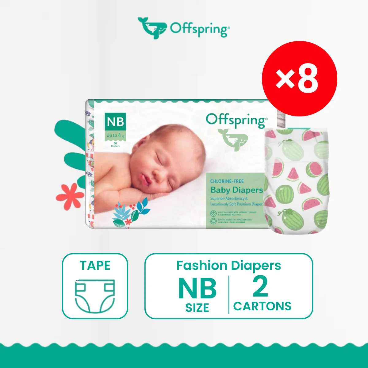 OFFSPRING FASHION TAPE DIAPERS NB 56S X 8