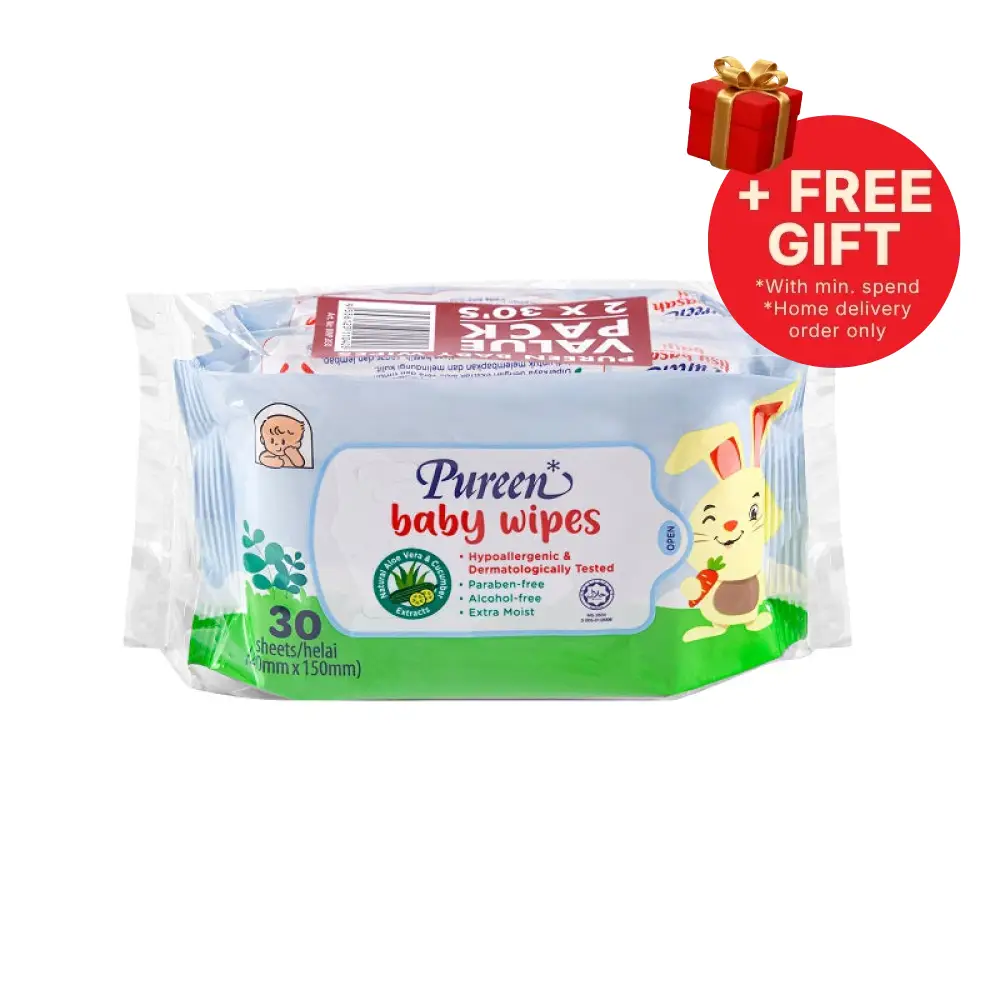 PUREEN BABY WIPE EXTRA MOIST VITAMIN E & ALOE VERA ALCOHOL FREE BLUE 30SX2